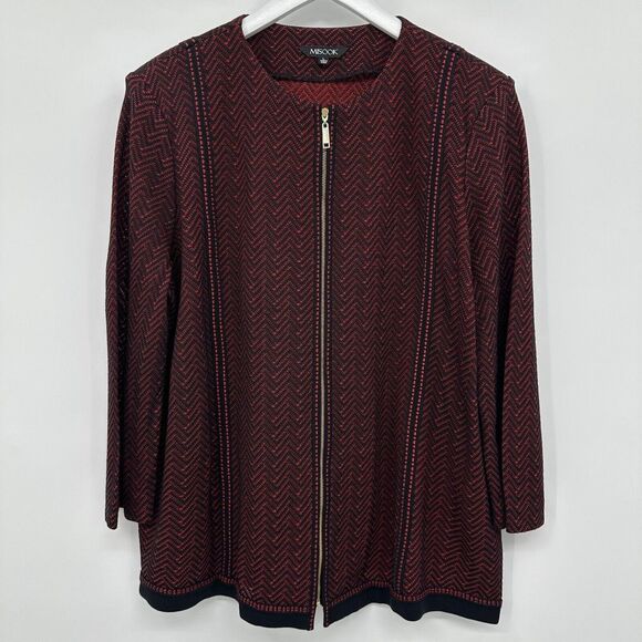 Misook Jacket Cardigan Size Large 3/4 Sleeve Full Zip Black Red Herringbone‎ - Picture 1 of 12